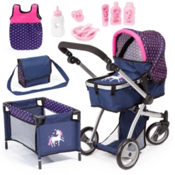 Bayer Design Combinatie Poppenwagen Mega Set, Blauw Met Hartjes En Eenhoorn